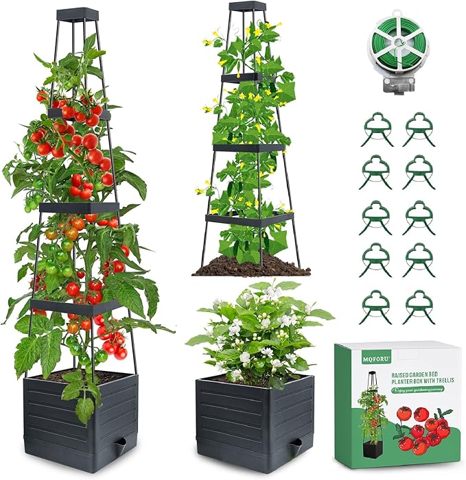 MQFORU 2Pack Raised Garden Bed Planter Boxes with Trellis 57 Self-Watering Tomato Planter Boxes with Trellis for Climbing Vegetable and Plants Tomato Cage for Indoor Outdoor Use