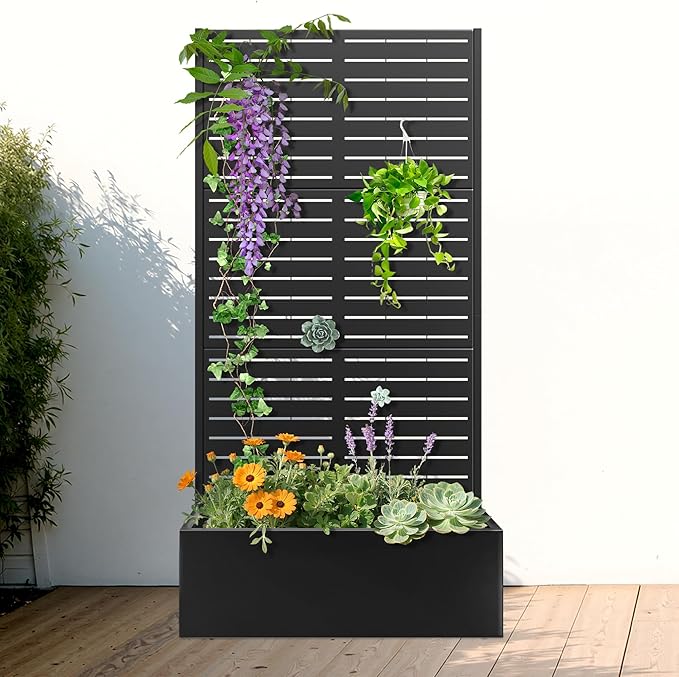 FENCY Metal Raised Garden Bed with Trellis Metal Planter Box with Trellis Garden Box for Climbing Plants Vegetable 35 Lx16 Wx71 H Garden Bed with Drainage Holes(Black-Louvered)