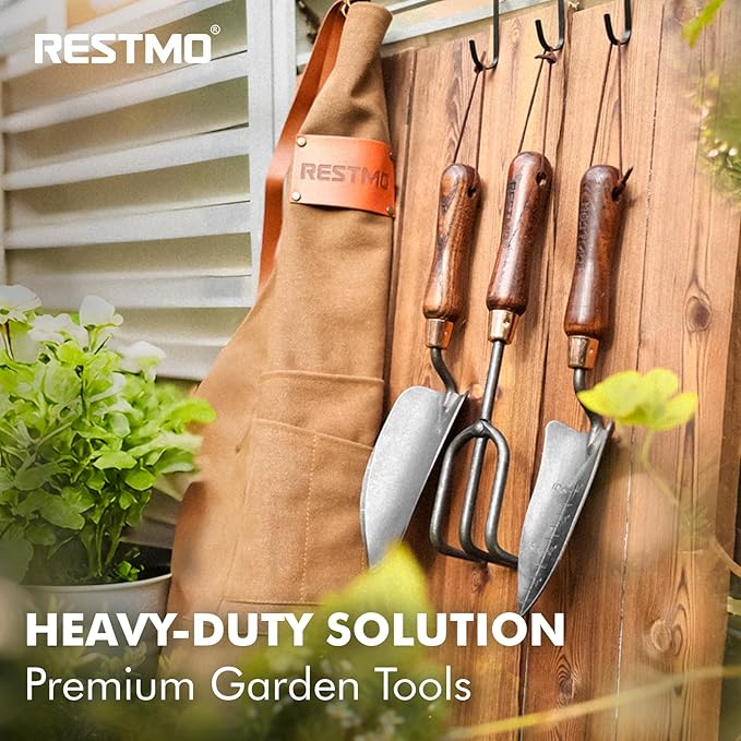 RESTMO Gardening Tools Bundle: Heavy Duty Gardening Tools Kit &amp Square &amp Triangle Garden Hoe &amp Crack Weeder Tool &amp Gardening Hand Fork Premium Carbon Steel Garden Tools with Ergonomic