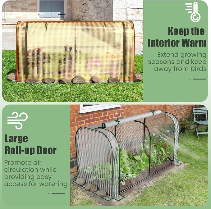 Giantex Raised Garden Bed with Cover Wood Elevated Planter Box with Legs &amp Mini Greenhouse Waterproof Sun-Protective PE Green House Cover Outdoor Use for Fruit Vegetable Flower Herb (White+Gray