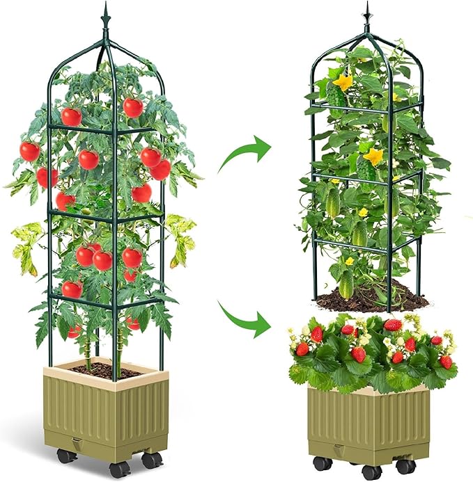 Raised Garden Bed Planter Box with Trellis 71 Self-Watering Tomato Planter with Wheels for Climbing Vegetable and Plants Tomato Cage Planters for Indoor Outdoor Patio Greenhouse Gardening (1Pack)
