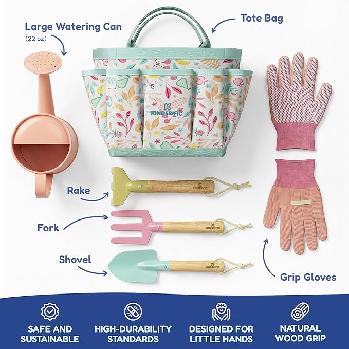 Gardening Set Tool Kit for Kids STEM Includes Tote Bag Spade Watering Can Rake Fork Trowel and Gloves Fruity
