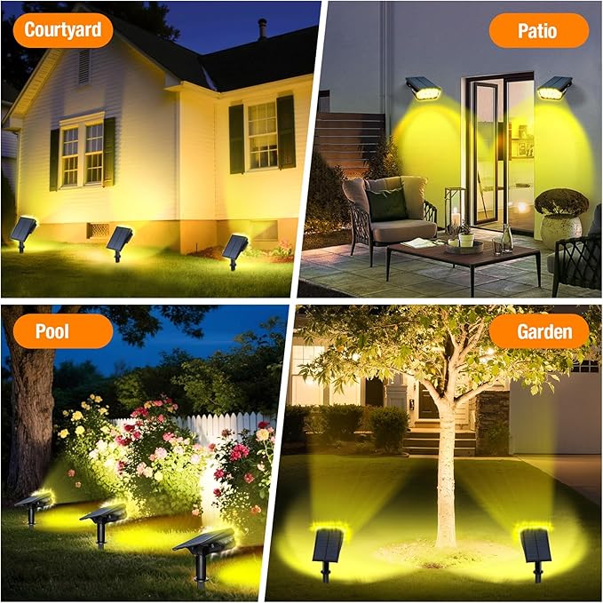 2 Pack Solar Spot Lights Outdoor 1000 Lumens 64 LEDs IP67 Waterproof Landscape Lighting with 4 Modes - 2-in-1 Solar Spotlight &amp Pathway Light for Garden Yard Patio Decor Warm White