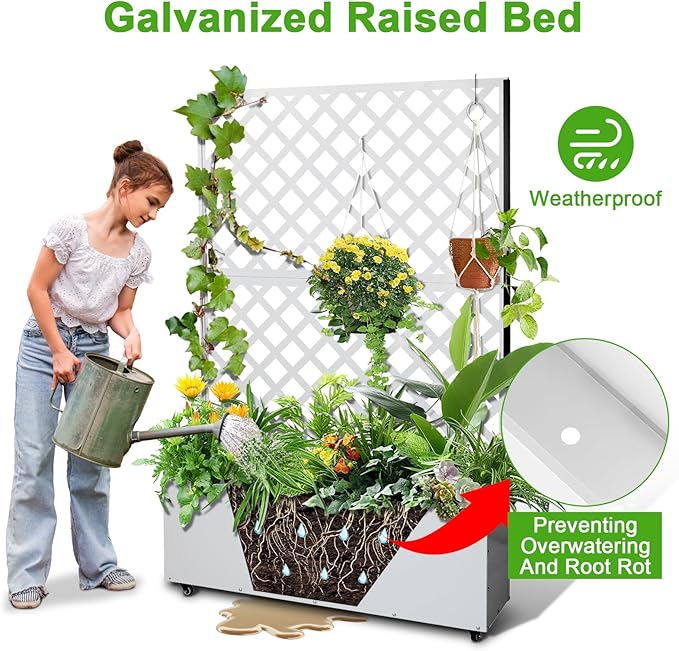 Garvee Metal Planter Box with Trellis &amp Wheels 72.83X46.46X11.81 Raised Garden Beds with Drainage Holes for Climbing Plants Vegetables Privacy Screen Planter Box for Patio Balcony White