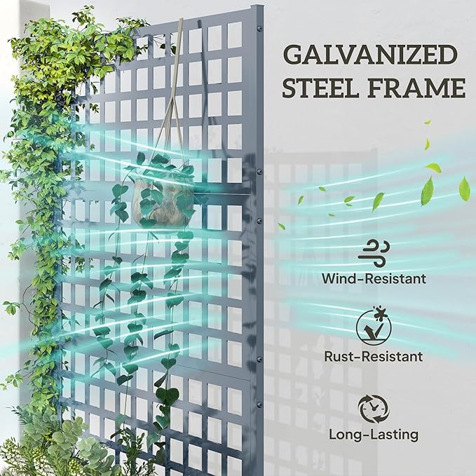 Outsunny Galvanized Raised Garden Bed with Trellis Metal Planter Box with Drainage Holes Outdoor Privacy Screen for Climbing Plants Vegetable Vines 43 x 16 x 70 2 Pack Gray Wood Effect