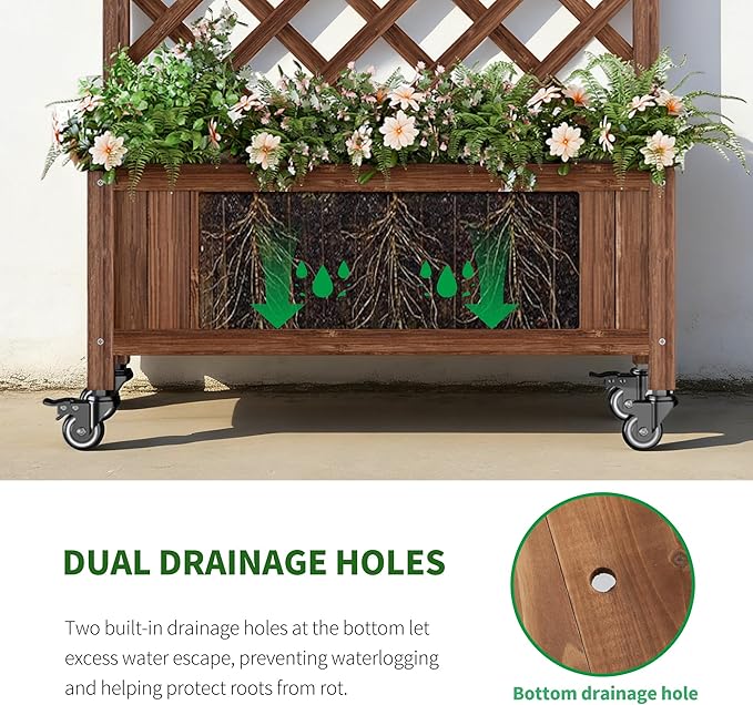 Upgraded 2-Pack 50 Tall Trellis Planter Box with Wheels 49.8H × 27.6W × 13.0D Solid Fir Wood Raised Garden Bed &amp Lattice Privacy Screen Rolling Planter with Drainage for Patio/Garden