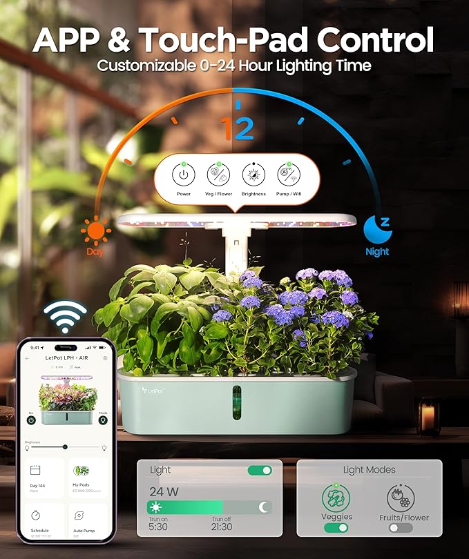 LetPot LPH-Air Hydroponics Growing System Kits APP &amp WiFi Controlled Smart Indoor Garden with Adjustable 24W Grow Light Full Spectrum 10 Pods Planter Indoor Gardening for Gifts Kitchen Vegetab