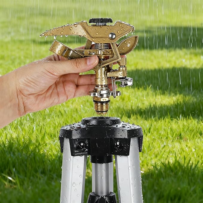 Biswing Large Impact Sprinkler Head on Tripod Base Adjustable Zinc Alloy Lawn Sprinklers for Yard Lawn Garden 3/4 NH Connector 360 Degree Large Area Coverage Irrigator with Extension Legs 2 Pack