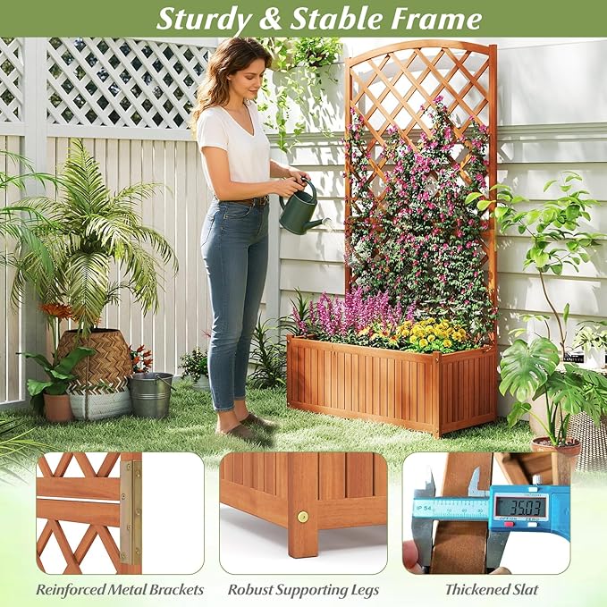 Giantex Solid Acacia Wood Planter Box with Trellis 63 Raised Garden Bed with Trellis Plant Box Slat Base Outdoor Privacy Planter for Vine Climbing Plants Flowers Garden Patio Balcony