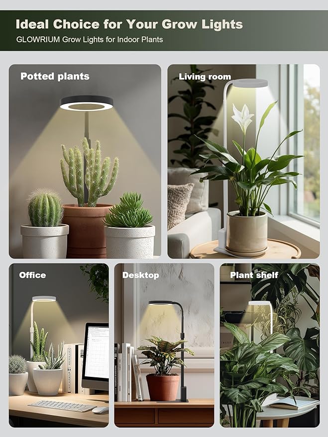GLOWRIUM Smart LED Grow Lights for Indoor Plants G4 12W Full Spectrum 3500K with Grow lamp Bluetooth App Control 10-Level Dimming Gooseneck Height Adjustable 16-23 Auto Timer (White 12W)