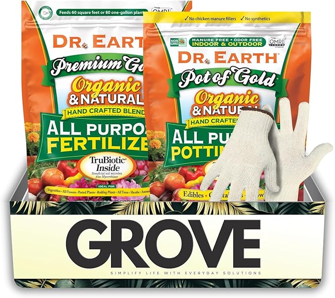Dr. Earth Organic Fertilizer Flowers/Fruits/Vegetables Bundle with Organic All Purpose Potting Soil + Work Gloves – Gift Set (3 Items)