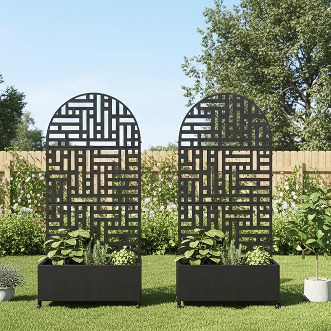 Casaphoria 72x35 Metal Raised Garden Bed with Trellis(2 Pack) Outdoor Planter Box with Wheels &amp Drainage Holes for Climbing Plants Flowers Elevated Garden Kit with Privacy Screen Black-Helen