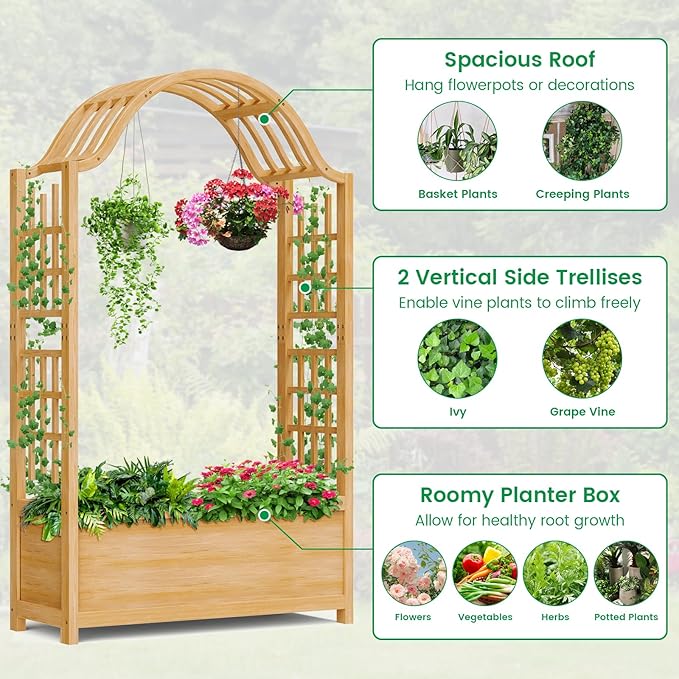 DoCred Raised Garden Bed with Trellis Freestanding Wood Planter Box with Hanging Roof Side Trellis Above Ground Elevated Garden Bed Outdoor Planter with Arch Trellis for Climbing Plants Vines Patio
