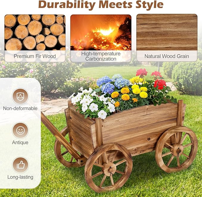 Giantex Wood Wagon Planter Rustic Rolling Flower Pot Stand with Wheels Handle &amp Drainage Hole for Growing Vegetables Herbs Indoor Outdoor Decorative Cart for Patio Balcony Garden