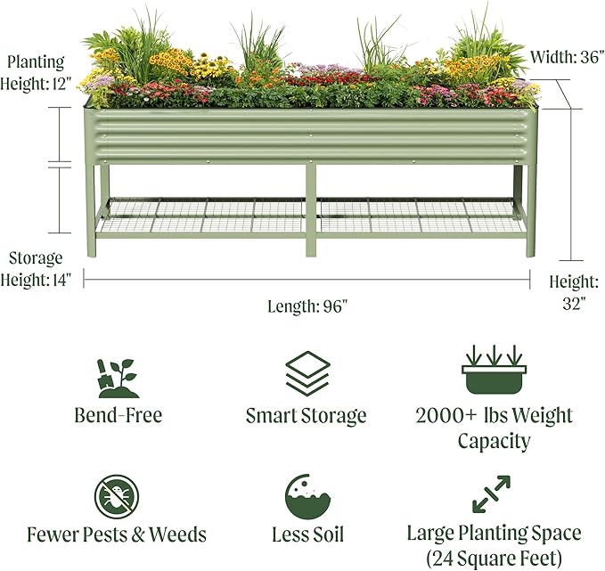 Elevated Raised Garden Bed- Jumbo Series 3' x 8' Outdoor Planters Boxes with Legs &amp Storage Rack for Patio 2000+ Lbs Weight Capacity Raised Beds for Gardening Herbs Vegetables Flowers Pearl Wh