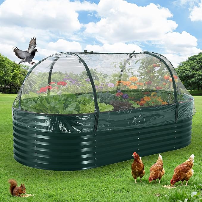 Galvanized Raised Garden Bed Steel Planter Boxes with Cover Zippered Screen Doors Open Base for Vegetables Flowers Easy Assembly