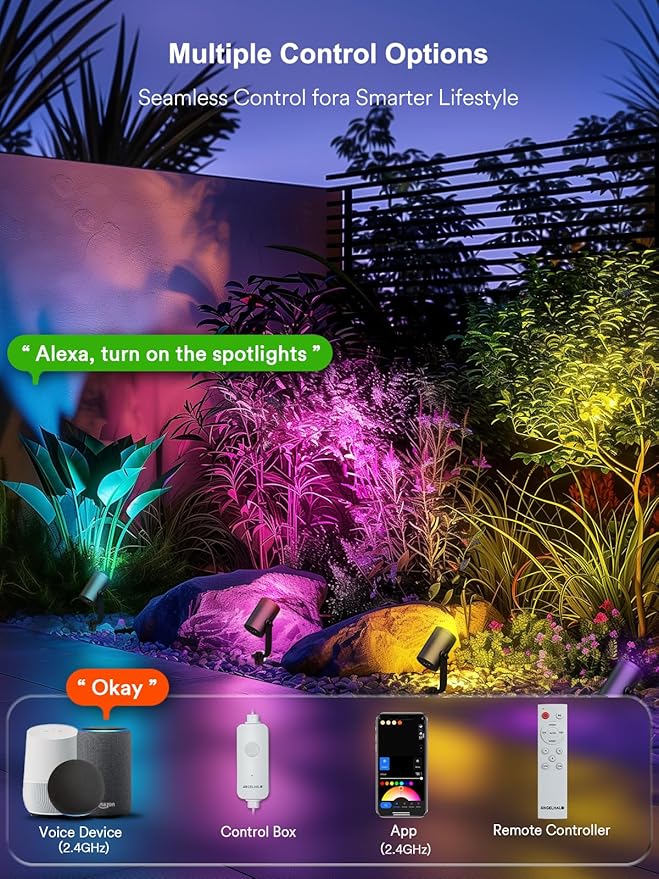 ANGELHALO Smart Landscape Spotlights 4 Pack RGBW Pathway Lights 2000LM Dimmable IP65 Waterproof Compatible with Alexa Outdoor Decoration