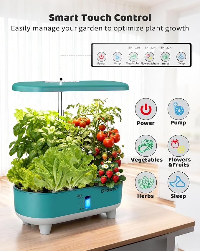 Hydroponics Growing System Kit 16 Pods Vertical 8L Indoor Gardening System for Herb Vegetable Fruit with LED Grow Light Smart Water Circulation 3 Light Modes &amp 2 Timer Green