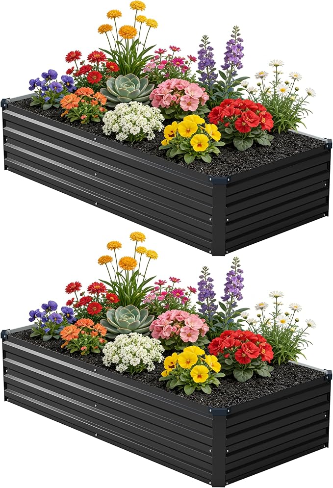 6x1.5x1 ft(2 Pack) Galvanized Raised Garden BedOutdoor Planter Box Metal Patio Kit Planting Bed for Vegetables Flowers and SucculentsBlack