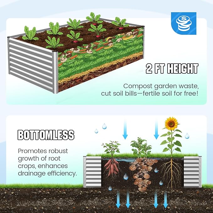 Quictent Galvanized Raised Garden Bed 8x4x2 Ft Tall Metal Planter Box for Vegetables Outdoor Bottomless for Backyard 2 Tomato Cages Included 22.04 Deep (Silver)