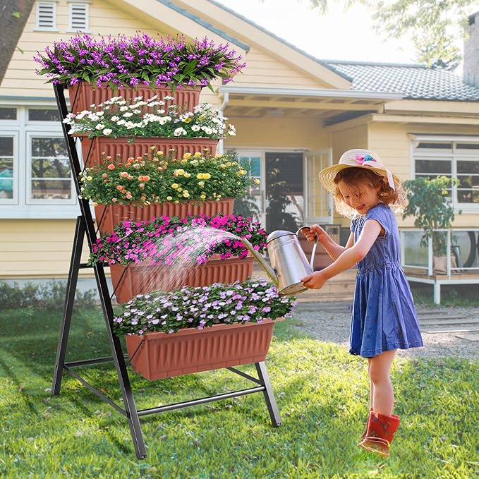 TEANDE Vertical Raised Garden Bed 5-Tier Elevated Planter Box w/Drainage System &amp 4 Hooks for Herbs Vegetables Flowers Vertical Garden Planter for Patio Yard Indoor Outdoor