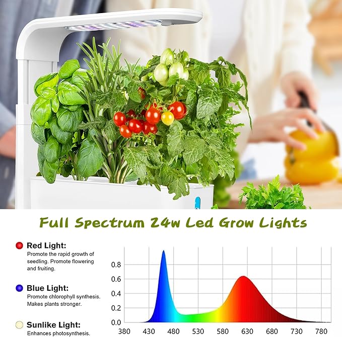 Hydroponics Growing System with LED Grow Light Adjustable Indoor Garden Kit for Herbs/Vegetables Soil-Free Smart Water Alert 3 Plant Capacity Plants Germination Kit for Home Kitchen Office (White)