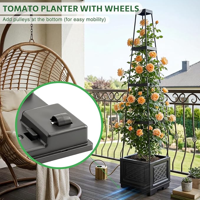 Tomato Planter with Wheels &amp Self Watering - 57 Tiered Pot with Drip Tray for Climbing Plants Vegetable Vine Flowers - Mobile Indoor/Outdoor Gardening for Small Space Patio Balcony (2 Pack)
