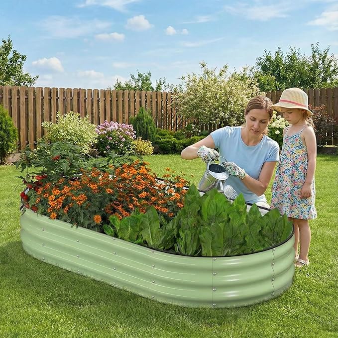 Raised Garden Bed 6x3x1ft Galvanized Outdoor Planter Beds with Safety Edging and Gloves Oval Metal Planter Box for Gardening Vegetables Flowers Herb-Green