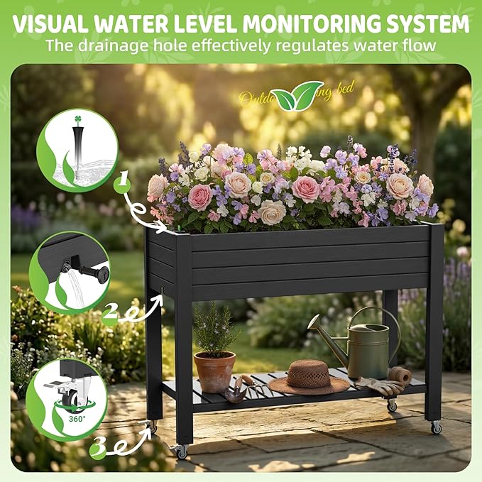 Vixzen Raised Garden Bed OutdoorReinforced Large Planter Box with Wheels &amp Storage ShelfMobile Planter Bed Box for Backyard Patio Balcony (Black 21Gal（43.31×17.72×33.66）)