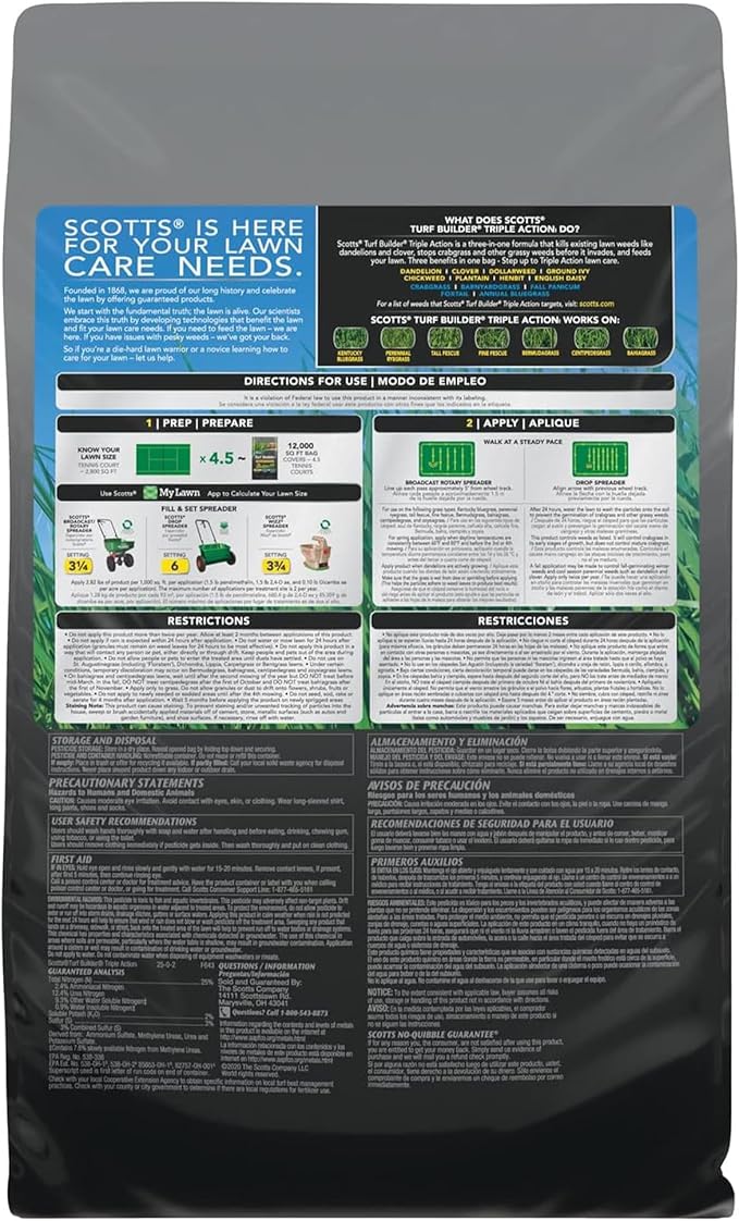 Scotts Turf Builder Triple Action1 - Weed Control Lawn Weed Killer Crabgrass Preventer and Grass Fertilizer for Lawns Covers 12000 sq. ft. 33.94 lb.