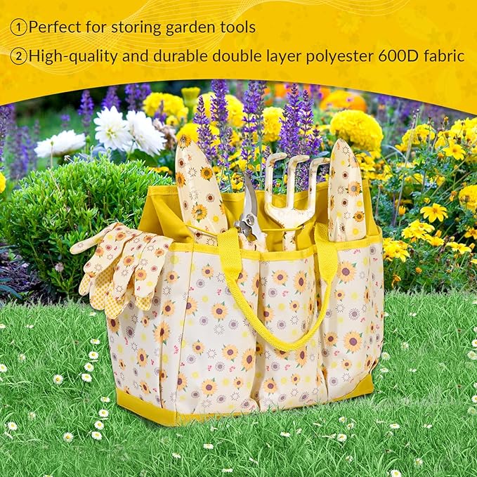 Lifecapido Gardening Gifts for Women Gardening Hand Tools 9 PCS Sunflower Garden Tool Set Kit with Garden Tool Bag Birthday Christmas Mothers Day Garden Tools Gifts for Gardeners Women Mom (Yellow)