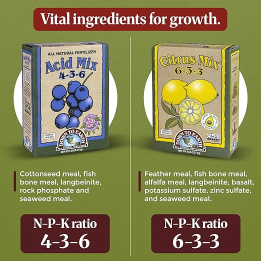 Down To Earth Citrus Mix 6-3-3 &amp Acid Mix 4-3-6 Fertilizer Bundle | Organic Plant Food for Citrus Blueberries &amp Acid-Loving Plant | Nutrient-Rich Soil Amendment for Garden &amp Potted Plants