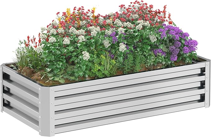 Outsunny Galvanized Raised Garden Bed 4' x 2' x 1' Metal Planter Box for Growing Vegetables Flowers Herbs Succulents Silver