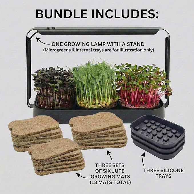 Microgreens Growing Trays Bundle Growing Lamp 3 Silicone Trays &amp 18 Jute Mats Microgreens Growing Kit Refill Seed Sprouting &amp Indoor Grow Accessories (No Seeds)