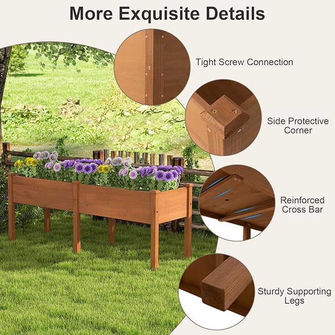 HAPPYGRILL Raised Garden Bed Outdoor Planter Raised Bed w/Drainage Holes Divider Panel 6 Supporting Legs Elevated Wood Planter Box for Backyard Patio Balcony 73” x 23” x 30” (L x W x H) (Brown)