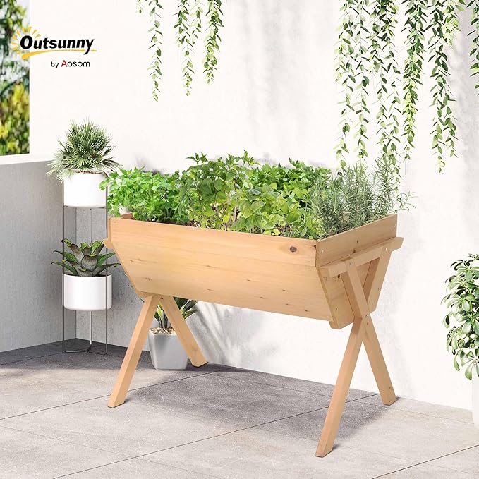 Outsunny 39'' x 28'' Raised Garden Bed with Legs Elevated Wooden Planter Box with Bed Liner for Vegetables Flowers Herbs Backyard Patio Balcony