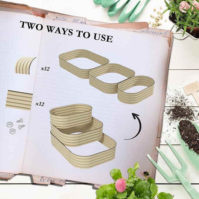 3 Tier Galvanized Steel Raised Garden Bed Kit 62.25 x 43 x 32.25 3 Combining Planter Boxes with Rubber Strip Edging Open Bottom for Backyard Garden Patio Cream White