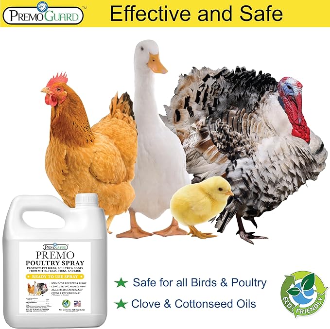 Premo Guard Poultry Spray - 128 oz - Kill Scaly Leg Mites Fleas Lice &amp Other Pest on Chickens and in Coops - Natural Plant Based Oils for Control &amp Prevention - Family Safe with No Egg Wi
