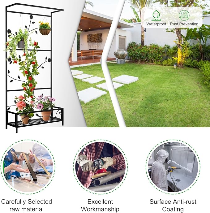 Metal Planter Stand with Trellis - Raised Planter Box Hanging Planters Outdoor Elevated Garden Bed for Vegetables Flower Herb