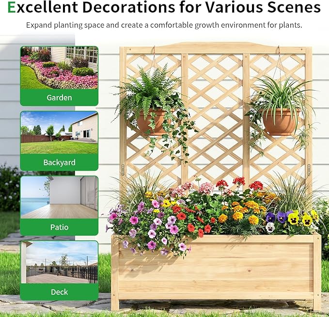 SUNYRISY Raised Garden Bed with Trellis for Climbing Plant Outdoor 59x44x16 Wooden Vertical Planter Box with Privacy Screen for Gardening Vine Flowers Vegetables