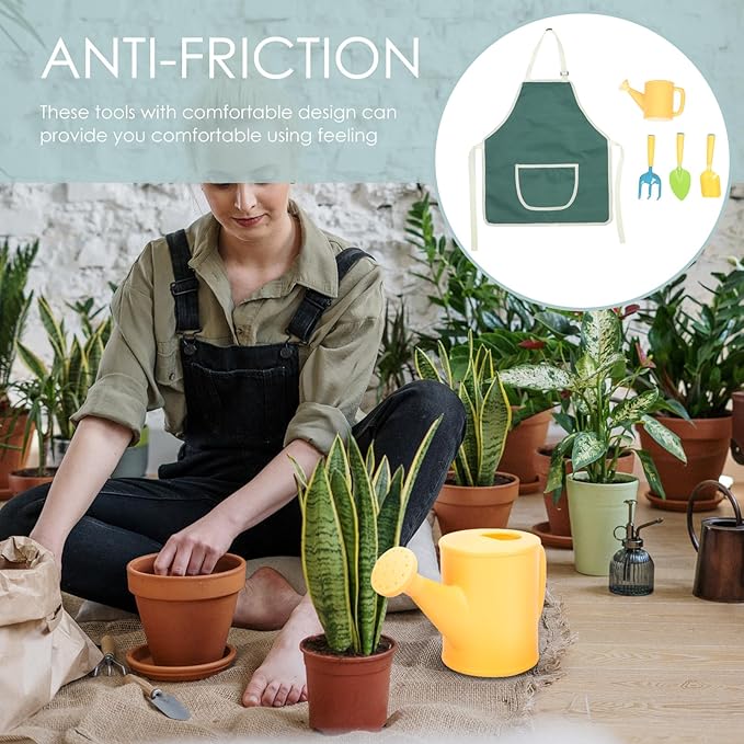 GANAZONO Gardening Tool Set with Rake Shovel Watering Can and Apron for Outdoor Planting Mini Garden Tools for Boys for Soil Cultivation and Flower Care