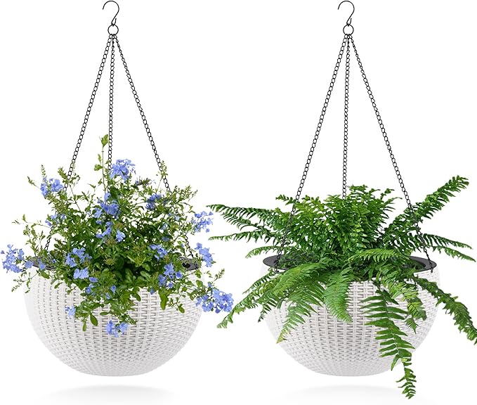 13.4 inch Self Watering Hanging Rattan Planter Large Capacity Root Rot Resistant Water Storage with Water Level Indicator Dual Use for Indoor Balcony Decoration (Pack of 2 White)