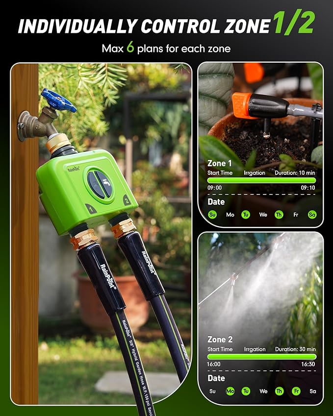 RAINPOINT WiFi Water Timer for Garden Hose 2 Zone WiFi Sprinkler Controller Smart Hose Timer Valve Automatic Drip Irrigation System/Rain Delay for Garden (Brass Inlet WiFi &amp Ethernet Connectio