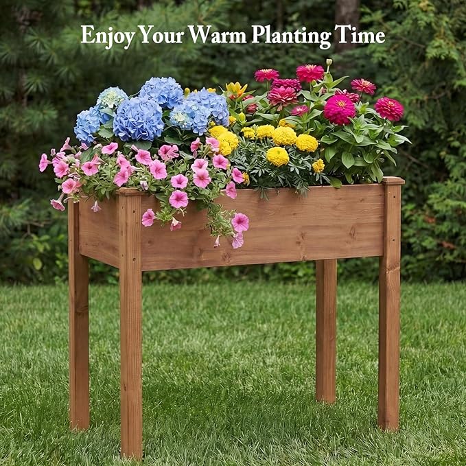 DUMOS Raised Garden Bed with Legs 34x18x30 Inch Planter Box Outdoor with Liner for Herbs Flowers Vegetables Elevated Wooden Garden Bed for Patio Balcony and Backyard Brown