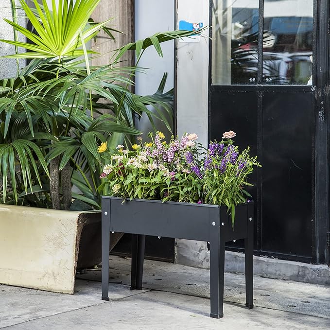 Piksedo Raised Garden Bed Elevated Planter Metal Plant Box with Legs Standing Garden Stand Drainage Holes Frosted Black
