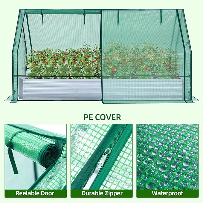 Ohuhu Raised Garden Bed with Greenhouse Cover 8x4x1 FT Galvanized Metal Planter Box Outdoor with PE Cover 4 Doors for Ventilation 3-in-1 Gardening Set for Vegetable Flower Herb Succulent