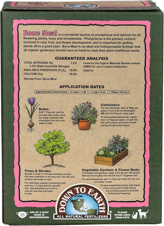 Down To Earth All Natural Fertilizers Organic Bone Meal - High Phosphorus Plant Food for Buds Bulbs Blooms Flowers 3-15-0 5 lb