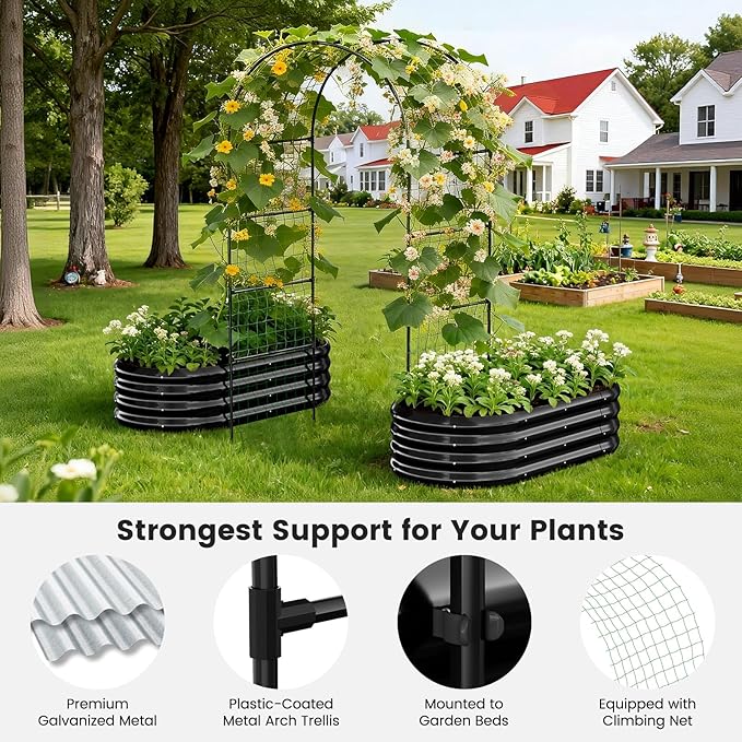 3 in 1 Galvanized Raised Garden Bed with 87 H Arch Trellis for Climbing Plants Outdoor Gardening Planter Box with Climbing Net for Flower Vegetables Fruits Herbs Black