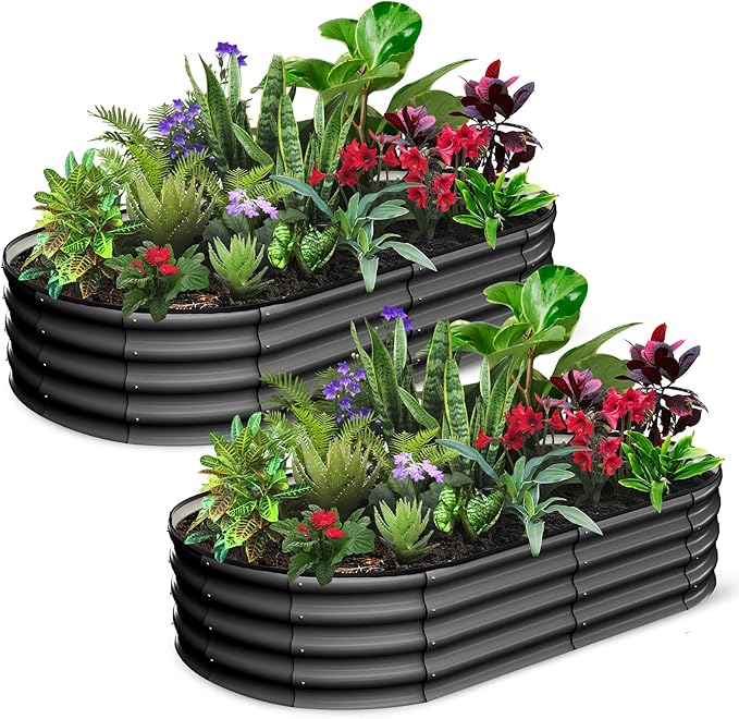 GarveeLife 2 Pcs 6x3x1 ft Oval Raised Garden Bed Galvanized Raised BedsOpen-Ended Base Metal Raised Planter BedsGarden Bed OutdoorPlanter Raised Boxes for Vegetables FlowersTool-Free AsseGray