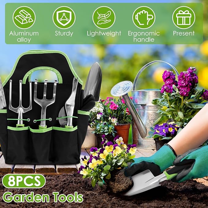 Gardening Tools Set of 8 Heavy Duty Garden Tool Set with Storage Bag Outdoor Hand Tools Gardening Tool Set with Non-Slip Rubber Grip Gardening Hand Tools for Planting Gardening Kit